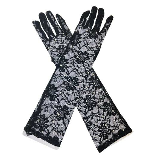 【メール便4点まで270円】ラインストーン付き フラワーレース ロンググローブ/ミディアムグローブ ダンス 衣装 衣裳 ウェディンググローブ 結婚式 黒 ブラック ステージ 発表会 演奏会 演劇 パーティー レディース 手袋 花柄 アームウォーマー コスプレ 仮装 キラキラ G236