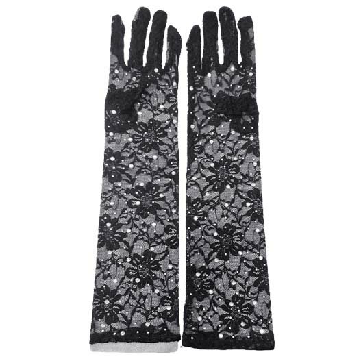 【メール便4点まで270円】ラインストーン付き フラワーレース ロンググローブ/ミディアムグローブ ダンス 衣装 衣裳 ウェディンググローブ 結婚式 黒 ブラック ステージ 発表会 演奏会 演劇 パーティー レディース 手袋 花柄 アームウォーマー コスプレ 仮装 キラキラ G236