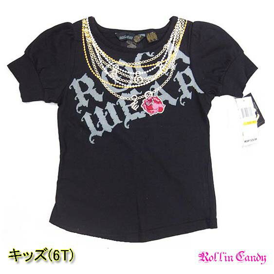 ROCAWEAR(ロカウェア) キッズ用 Tシャツ B系 ヒップホップ HIPHOP トップス 女の子 baby ブラック ゴールド ネックレスプリント 6T 6歳 110cm 120cm USAインポート商品 ROCA WEAR F111