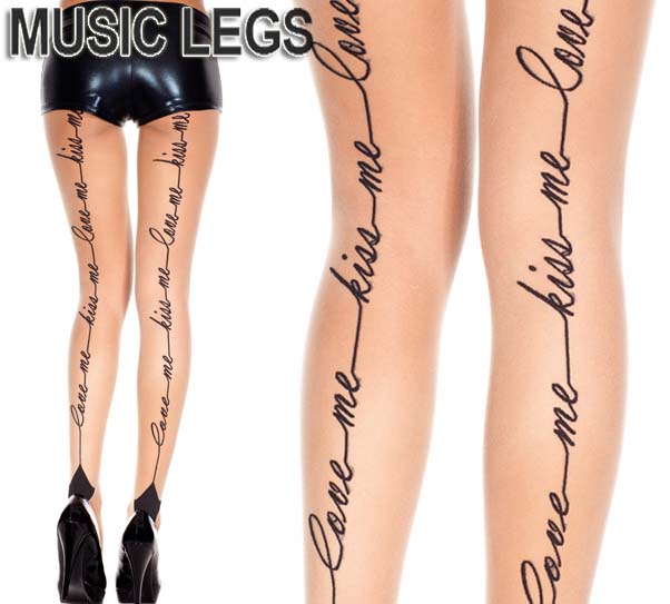 MusicLegs(ミュージックレッグ) “Love me”“kiss me”英字シアーストッキング/タトゥータイツ ML7019 tattoo パーティー セレブ ベージュ ウェディング ダンサー ダンス衣装 A159