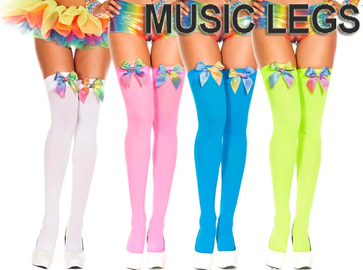 MusicLegs(ミュージックレッグ) レインボーグラデーションリボン付き オペークサイハイタイツ/ストッキング ML4645 ダンス衣装 ネオンカラー 蛍光 派手 ターコイズ ネオンピンク ネオングリーン ホワイト パーティー ニーハイ オーバーニーソックス A169-A172