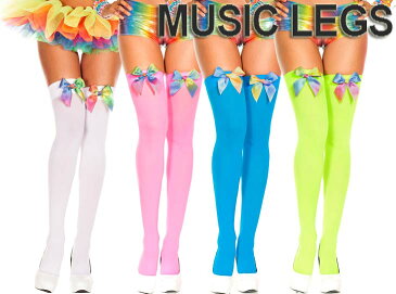 MusicLegs(ミュージックレッグ) レインボーグラデーションリボン付き オペークサイハイタイツ/ストッキング 4645 ダンス衣装 ネオンカラー 蛍光 派手 ターコイズ ネオンピンク ネオングリーン ホワイト パーティー ニーハイ オーバーニーソックス A169-A172 【メール便OK】