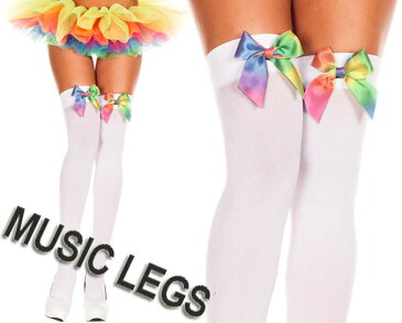 MusicLegs(ミュージックレッグ) レインボーグラデーションリボン付き オペークサイハイタイツ/ストッキング 4645 ダンス衣装 ネオンカラー 蛍光 派手 ターコイズ ネオンピンク ネオングリーン ホワイト パーティー ニーハイ オーバーニーソックス A169-A172 【メール便OK】