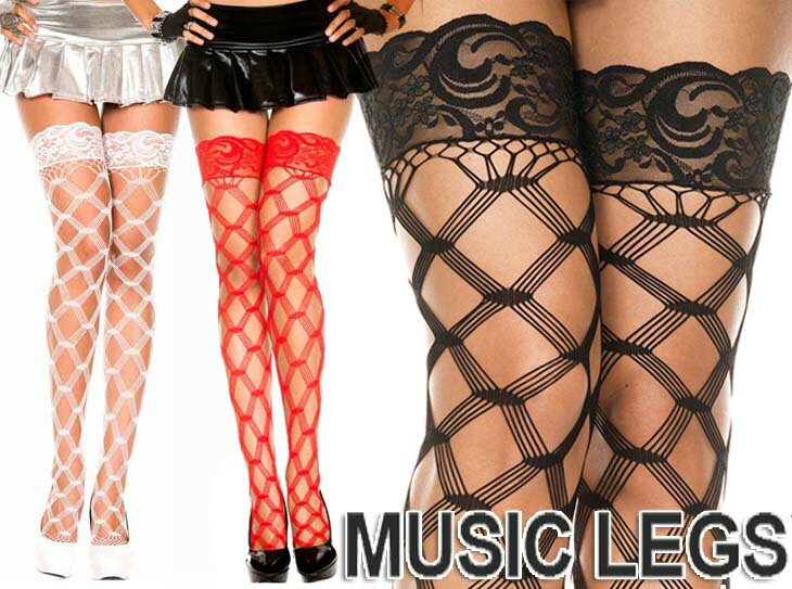 MusicLegs(ミュージックレッグ) シリコングリップ付きレーストップサイハイネットストッキング/タイツ ML45437 ブラック ホワイト レッド 黒 白 赤 ニーハイ パーティー フォーマル レディース ウェディング オーバーニー 滑り止め A384-A386