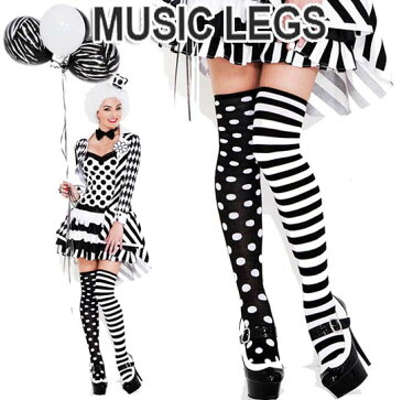 MusicLegs(ミュージックレッグ) モノトーンドット×ボーダー柄 左右柄違いニーハイソックス 4604 ピエロ コスプレ ブラック ホワイト 黒白 ダンス衣装 靴下 モノクロ サイハイ オーバーニーソックス コスチューム レディース 28a 【メール便不可】