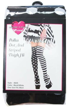 MusicLegs(ミュージックレッグ) モノトーンドット×ボーダー柄 左右柄違いニーハイソックス 4604 ピエロ コスプレ ブラック ホワイト 黒白 ダンス衣装 靴下 モノクロ サイハイ オーバーニーソックス コスチューム レディース 28a 【メール便不可】