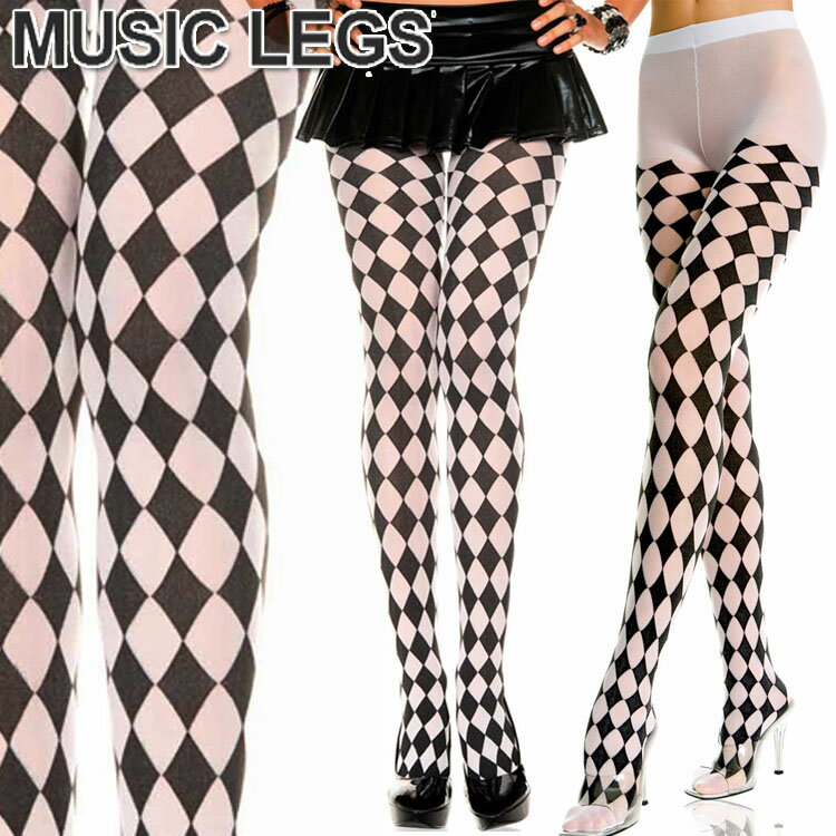 楽天ローリンキャンディー【メール便3点まで270円】MusicLegs（ミュージックレッグ） ハーレークインタイツ/ストッキング 7094 白黒 モノクロカラー モノトーン コスプレ コスチューム ダイヤ柄 ピエロ ダンス衣装 レディース ステージ衣装 発表会 ジャズダンス 演劇 A591