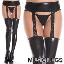 MusicLegs(ミュージックレッグ)ウェットルックサスペンダー付きサイハイストッキング/タイツ ML7790 ブラック ボンテージ 女王様 ガーターベルト レディース パンスト コスチューム メタリック ニーハイ コスプレ クラブウェア 黒 ステージ衣装 A638