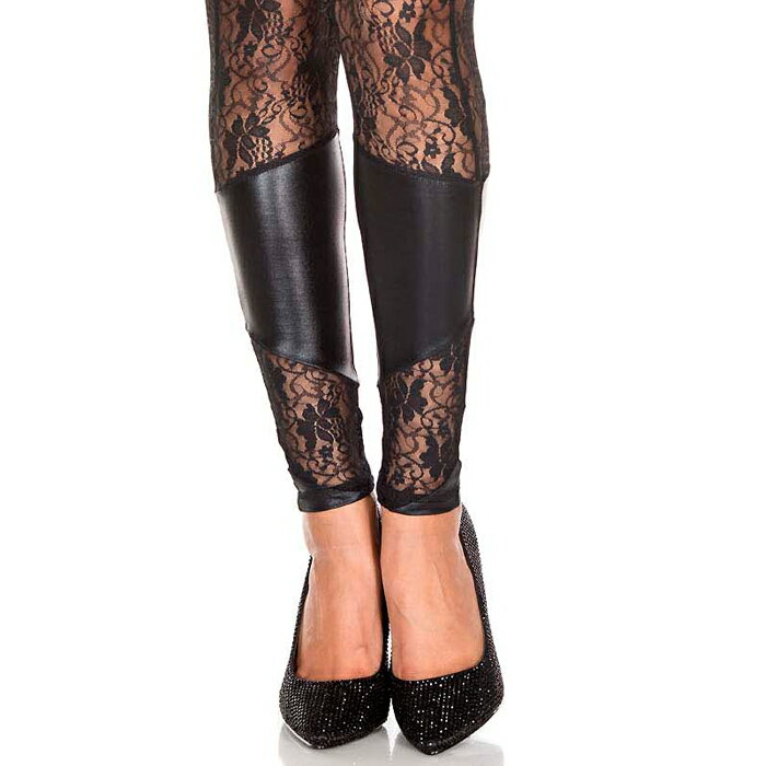 MusicLegs(ミュージックレッグ) ウェットルック×フローラルレースレギンス ML35134 黒 ブラック ボンテージ 女王様 メタリック スパッツ Sサイズ Mサイズ Lサイズ ダンス衣装 ダンサー レディース フェティッシュファッション A643