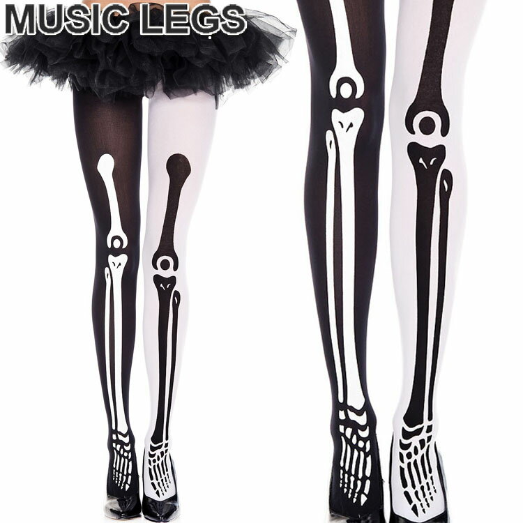 【メール便2点まで270円】MusicLegs(ミュージックレッグ) 配色スケルトンボーンプリントパンティストッキング/タイツ ML37171 黒白 ブラック モノトーン ガイコツ 骸骨 ハロウィン コスプレ コスチューム パンク ロック ダンス衣装 演劇 ホラー ゾンビ系 レディース A662