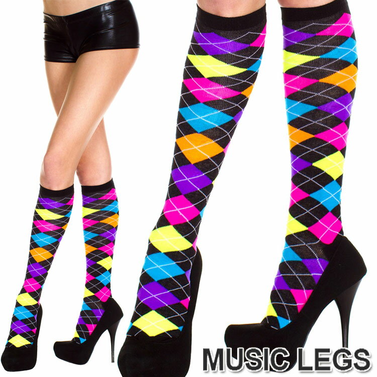 【メール便2点まで270円】MusicLegs(ミュージックレッグ) アクリルネオンアーガイルデザイン ハイソックス ML5308 靴下 蛍光色 派手柄 ダンス衣装 コスチューム コスプレ レディース A474のサムネイル