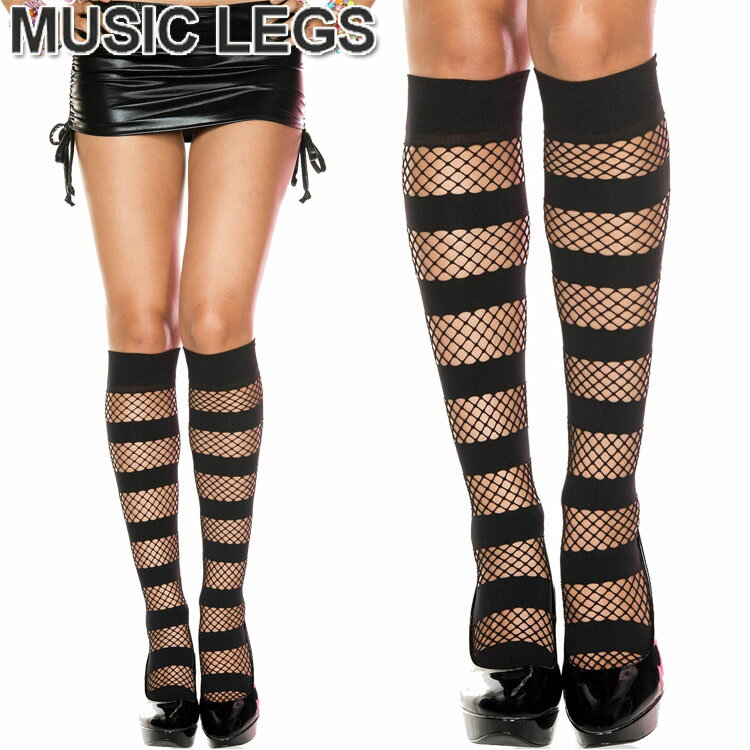 MusicLegs(ミュージックレッグス)インダストリアルネット×オペーク切替ボーダーハイソックス/ひざ丈網タイツ ML5761 黒 ブラック ニーハイストッキング 靴下 ダンス衣装 レディース コスプレ コスチューム ハロウィン 仮装 A942