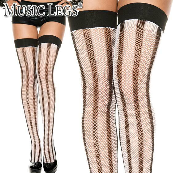 MusicLegs(ミュージックレッグ)スパンデックスフィッシュネット ストライプサイハイストッキング/タイツ ML4946 ブラック 黒 モノトーン ダンス衣装 ニーハイ A1142