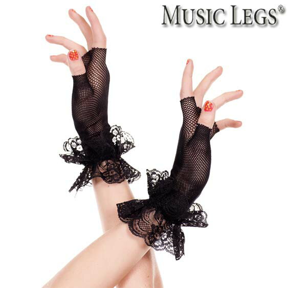 MusicLegs(ミュージックレッグス)レースラッフル付き フィンガーレス フィッシュネット グローブ ML462 手袋 ダンス 衣装 パーティー レディース ブラック 黒 フォーマル 指無し 指なし ショートグローブ フリル A1194