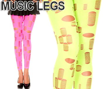 MusicLegs(ミュージックレッグ) ネオンカラーダメージ穴あきレギンスタイツ/ストッキング 35472 蛍光色 ネオンピンク ネオンイエロー ダンス衣装 ダンサー バーレスク 派手 サイバー カラーラン エレクトリックラン ステージ衣装 A256-A257 【メール便不可】