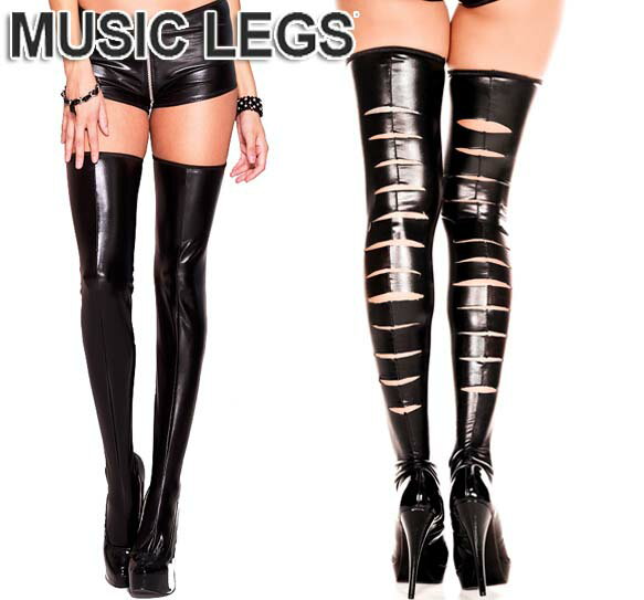 MusicLegs(ミュージックレッグ) ウェットルックカットバックシームサイハイストッキング/タイツ ML4887 ブラック ボンテージ 女王様 メタリック ニーハイソックス Mサイズ Lサイズ ダンス衣装 ダンサー レディース 靴下 ランジェリー A504