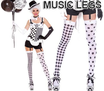 MusicLegs(ミュージックレッグス)モノトーンダイヤ×ドット柄 左右柄違いニーハイストッキング/タイツ ML4180 ブラック ホワイト 白黒 黒白 モノクロ 水玉 ダンス衣装 ピエロ ソックス 靴下 サイハイ ステージ 発表会 コスチューム 仮装 レディース 08a