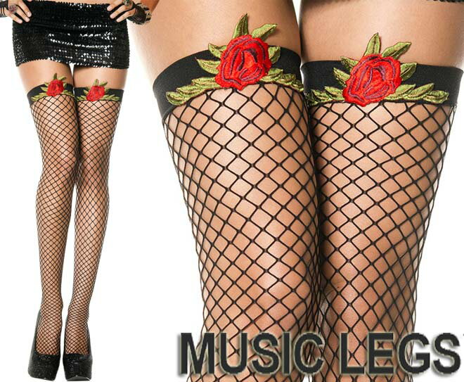 楽天ローリンキャンディーMusicLegs（ミュージックレッグ） ローズアップリケ付き ミニダイアモンドネットサイハイストッキング/タイツ ML4950 ウェディング レディース フォーマル ゴージャス 大きいサイズ エレガント 薔薇 豪華 パーティー A523