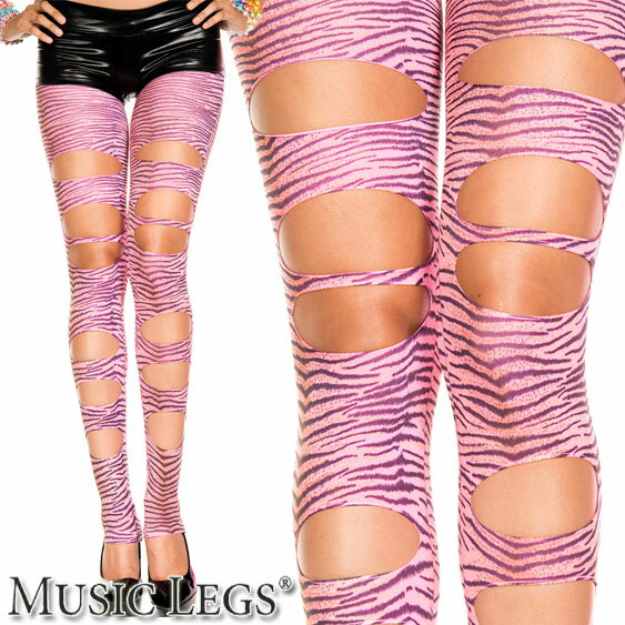 楽天ローリンキャンディーMusicLegs（ミュージックレッグス） カットアウト ゼブラレギンスタイツ/ストッキング ML35129 穴開き 派手 アニマル柄 シマウマ ネオンピンク ダンス 衣装 スパッツ コスプレ コスチューム 70デニール A1376