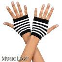 楽天ローリンキャンディー【メール便4点まで270円】MusicLegs（ミュージックレッグス）黒白ボーダー フィンガーレス ショートグローブ ML439 （両手セット） モノトーン モノクロ ブラック ホワイト 白黒 コスプレ ダンス 衣装 コスチューム 囚人 仮装 ハロウィン ステージ A1417