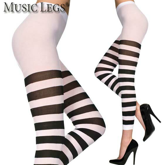 楽天ローリンキャンディーMusicLegs（ミュージックレッグス）モノトーンボーダー レギンスストッキング/タイツ ML35848 黒白 ブラック ホワイト 白黒 ダンス 衣装 フットレスタイツ 囚人 コスプレ コスチューム レディース スパッツ ハロウィン仮装 パンスト カラータイツ A1443