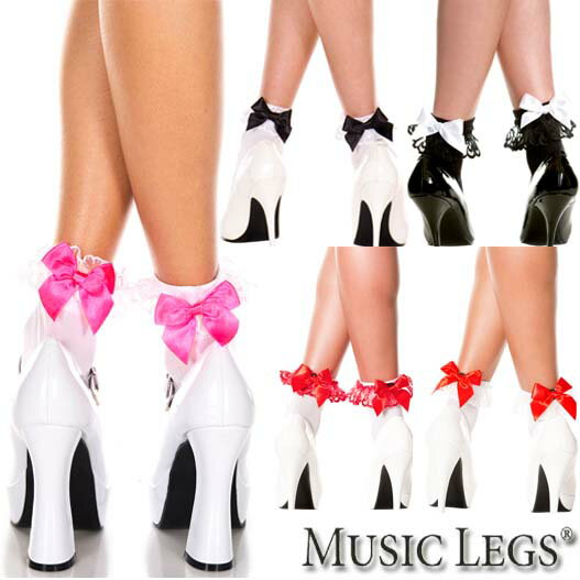 楽天ローリンキャンディー【メール便3点まで270円】MusicLegs（ミュージックレッグス）サテンリボン＆ラッフルレース付き アンクレットソックス ML546 ショートソックス/アンクルソックス/靴下 コスプレ ナース メイド レディース ロリータ ゴスロリ ブラック ホワイト 黒 白 A1478-A1482