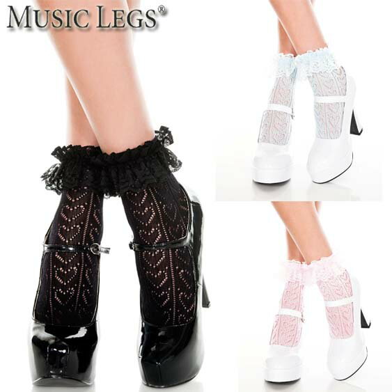 楽天ローリンキャンディー【メール便3点まで270円】MusicLegs（ミュージックレッグス）ハート柄×レースラッフルトリム アンクルハイソックス ML515 ショートソックス/クルーソックス/靴下 コスチューム コスプレ ナース メイド レディース ロリータ ブラック ベビーピンク ベビーブルー A1494-A1496