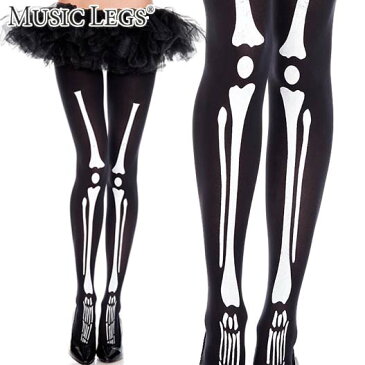 【メール便2点まで270円】MusicLegs(ミュージックレッグ) スケルトン骨プリントタイツ/ストッキング ML37299 黒 ブラック ガイコツ 骸骨 ハロウィン コスプレ コスチューム パンク ロック ダンス衣装 演劇 ホラー 個性的 パンスト ゾンビ系 レディース A1506