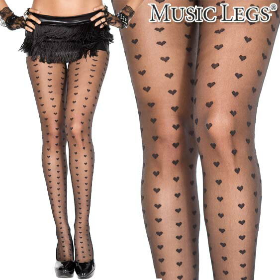 【メール便3点まで270円】MusicLegs(ミュージックレッグス) ハート柄 シアーストッキング/シアータイツ ML7162 ブラック 黒 バレンタイン クリスマス デート 15デニール パンスト レディース ラブリー 総柄 ダンス パーティー 衣装 コスチューム A1521