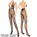 MusicLegs(ミュージックレッグス)シルバーラメストラップ付き ホルターネック ボディストッキング/タイツ ML1077 セクシーランジェリー オープンクロッチ 下着 透け感あり シームレス インナー ボディスーツ 黒 ブラック レディース 81A