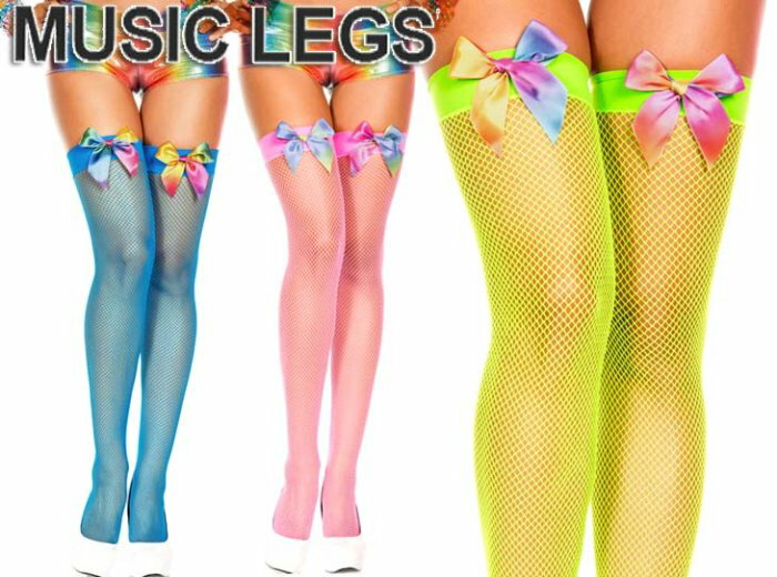 楽天ローリンキャンディー【メール便2点まで270円】MusicLegs（ミュージックレッグ）レインボーグラデーションリボン付き フィッシュネットサイハイ網タイツ/ストッキング ML4880 ダンス 衣装 ネオンカラー 蛍光 パンスト ニーハイ コスチューム 派手 A166-A168