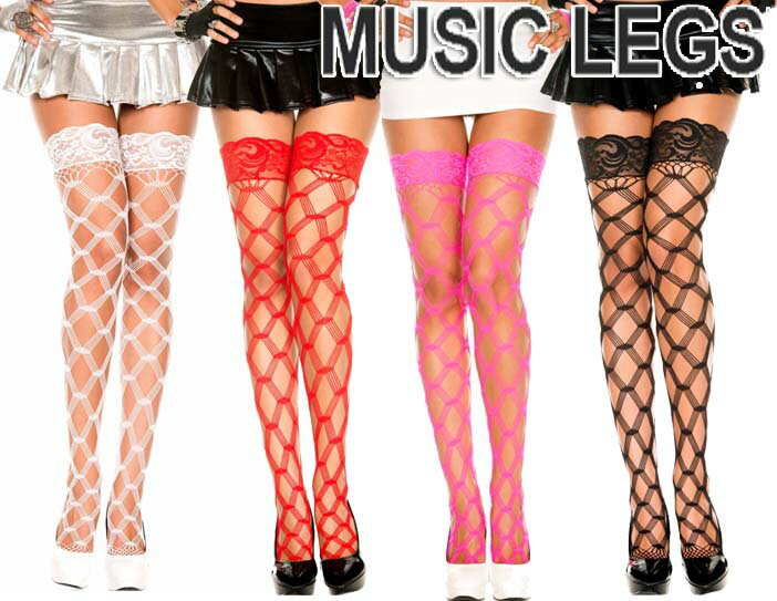 MusicLegs(ミュージックレッグ) レーストップダイヤモンドネットサイハイストッキング ML4543 タイツ 黒 白 赤 ブラック ホワイト レッド ホットピンク ダンス衣装 パーティー ニーハイ ダンサー A228-A231