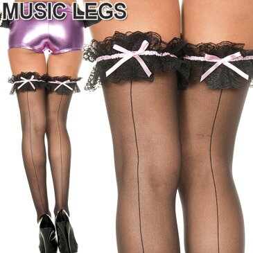 MusicLegs(ミュージックレッグス) リボン×ラッフルレーストップバックシーム入りシアーサイハイストッキング/タイツ ML4149 黒 ピンク パンスト ニーハイ ブラック レディース オーバーニーソックス A838