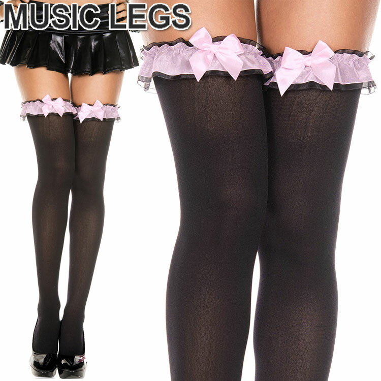 楽天ローリンキャンディーMusicLegs（ミュージックレッグス）ラッフル×サテンリボン オペークサイハイストッキング/タイツ ML4778 黒 ピンク パンスト ニーハイ レディース ブラック オーバーニーソックス A839