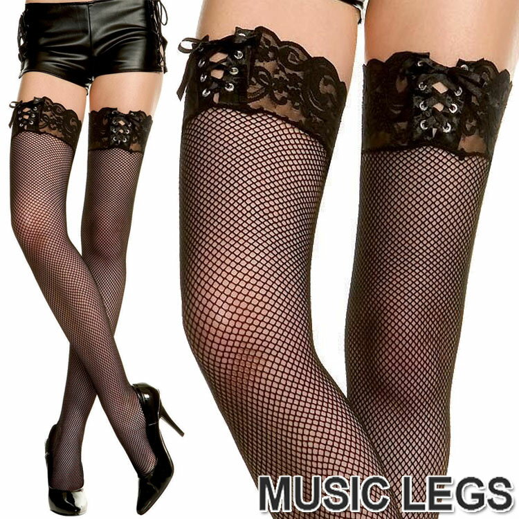 【メール便2点まで270円】MusicLegs(ミュージックレッグス)編み上げ リボン付き レーストップ フィッシュネットサイハイストッキング/タイツ ML4980 黒 ブラック ニーハイ 網タイツ ダンス 衣裳 衣装 ステージ 発表会 オーバーニー レディース A840