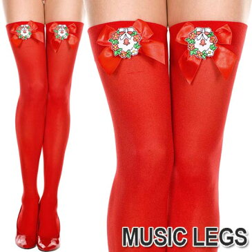 クリスマス サンタコスチュームに MusicLegs(ミュージックレッグス)クリスマスリース＆リボン付きオペークサイハイストッキング/タイツ ML4777 赤 レッド オーバーニーソックス サンタクロース ニーハイ コスプレ A1096