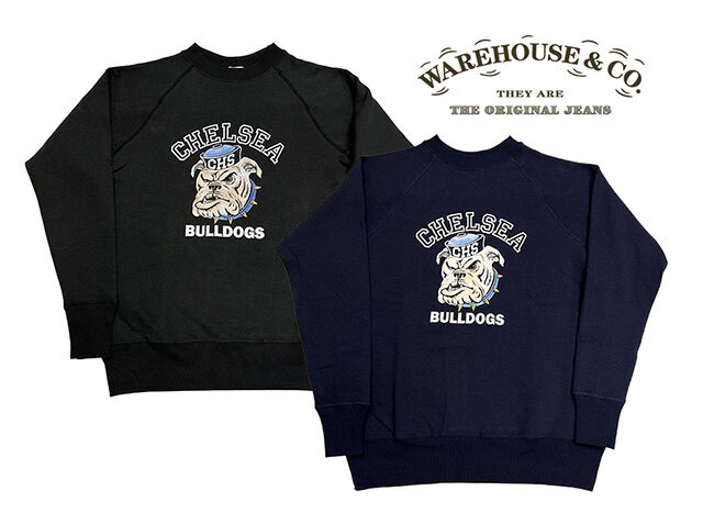 WAREHOUSE ウエアハウス　Lot 409 BULLDOGS 　ブルドッグ　クルー スウェット　2色(BLACK/NAVY)　フロッキープリント　MADE IN JAPAN