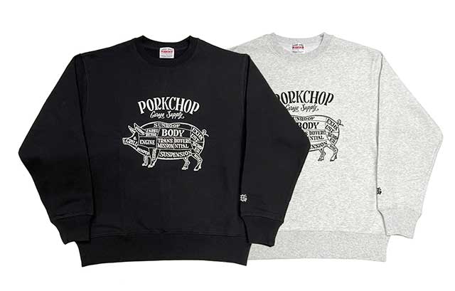 PORKCHOP GARAGE SUPPLY ポークチョップ ガレージサプライ　PORK FRONT SWEAT　ポークフロント スウェット　2色（BLACK/GRAY)　クルーネックスウェット　トレーナー