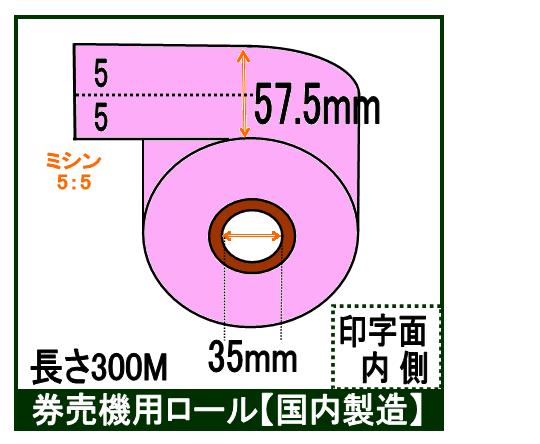 券売機用ロール紙 5巻入りカラー ピンクミシン目有 5:5感熱ロール サーマルロール食券 チケットロール 発券機 レジロール専門店