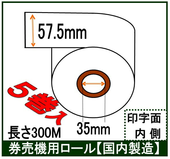 沖縄・離島・北海道 送料無料！券売機 ロール紙 5巻入り幅57.5mm 長さ300M 感熱紙 サーマルロール食券 チケットロール 発券機 レジロール専門店