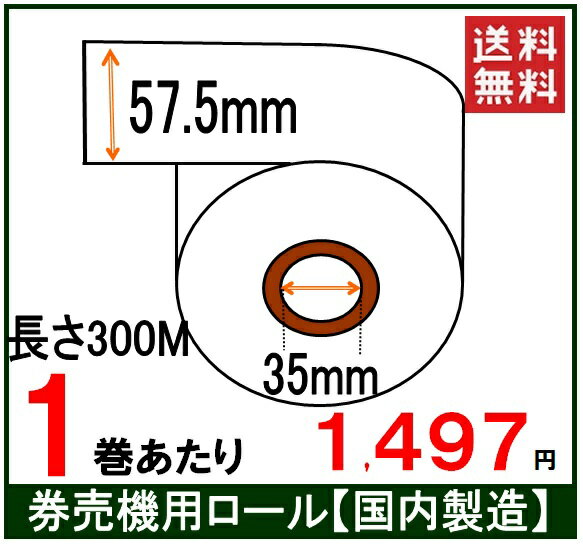 券売機 ロール紙 5巻入り幅57.5mm 長さ300M 感熱紙 サーマルロール食券 チケットロール 発券機 レジロール専門店