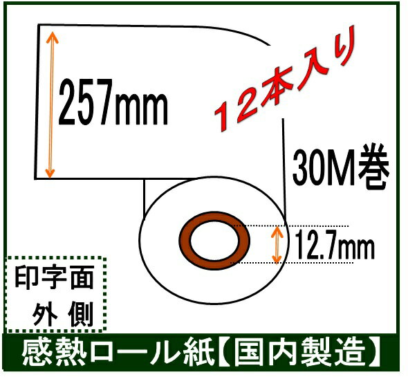 FAX用 感熱ロール紙 幅257mm B4業務用12本入！ 長さ30M巻 内径0.5インチ レジロー ...