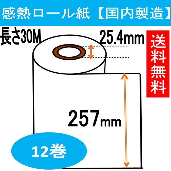 FAX用 感熱ロール紙 幅257mm B4業務用12本入！ 長さ30M巻 内径1インチ RFT34P同等品 257X1X30 レジロー..
