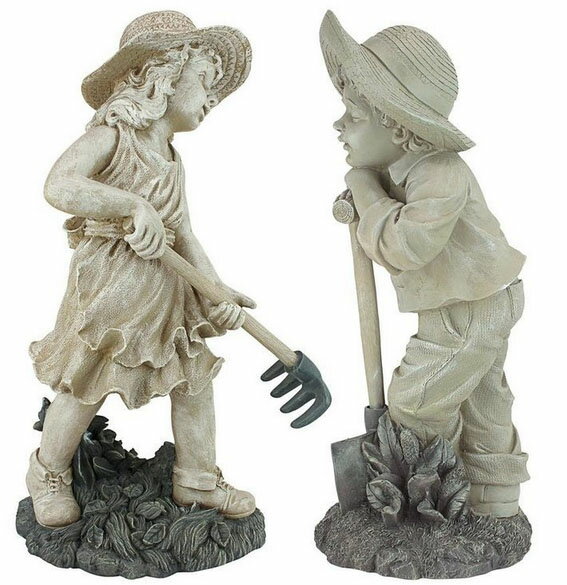 【ミディアム】 幼い二人の庭師の像: レベッカとサミュエル ミディアムセット（ラージ大きめ）彫像 彫刻/ ガーデニング 庭園（輸入品：浪漫堂ショップ ーキャビネ
