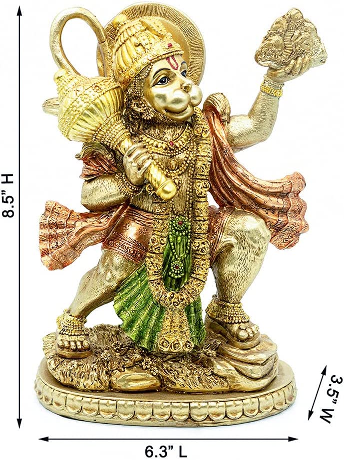 ヒンズー教の神、空飛ぶハヌマン像 ゴールド風彫像 - インド、ムルティ プージャの彫刻(輸入品