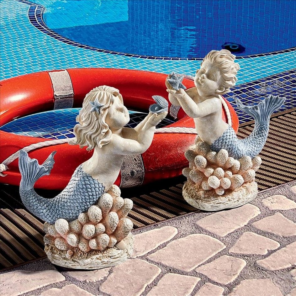楽天浪漫堂ショップ海の男の子と女の子の人魚からの贈り物: 2体セット彫像 オーナメント置物彫刻/ガーデン庭園 プール（輸入品