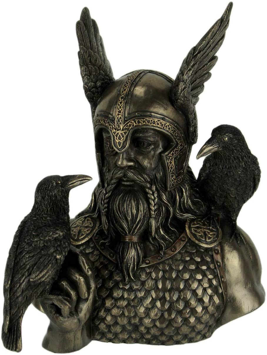北欧の主神にして戦争と死の神 カラスを連れた、オーディン像彫刻置物 ブロンズ風彫像 贈り物(輸入品