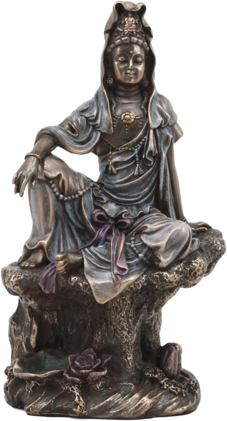 水月観音菩薩ブロンズ風仕上げ彫像高さ約17.8cm不滅の慈悲 仏教工芸彫刻 ガーデン 贈り物 輸入品