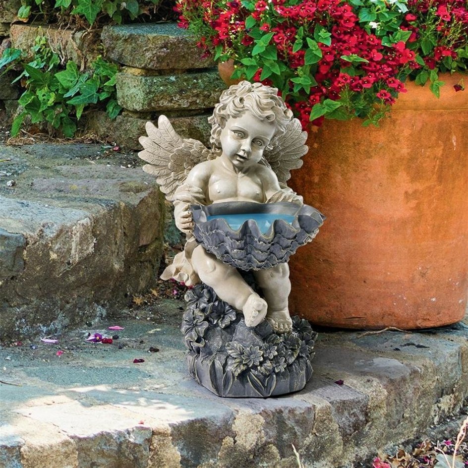 天へ向かってシャコ貝殻の皿を捧げる天使の彫像 エンジェルガーデン彫刻 庭園アート装飾 芝生 玄関 贈り物 輸入品