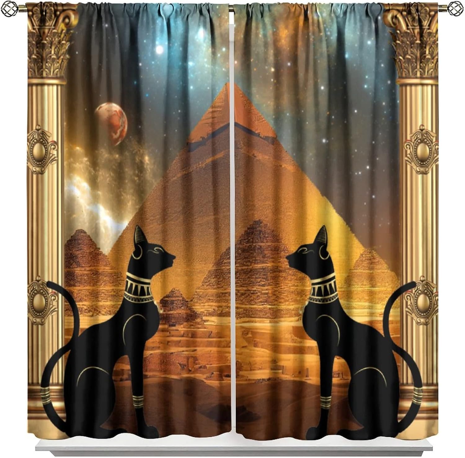 古代エジプト黒猫と貴石の神話ピラミッド遮光ドレープ星空ムーンプリントカーテン 2枚ペアセットサイズ..